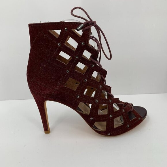 Joie cut-out peeptoe heel bootie sandal wine burgundy suede gladiator stud 38 7 - Picture 1 of 9